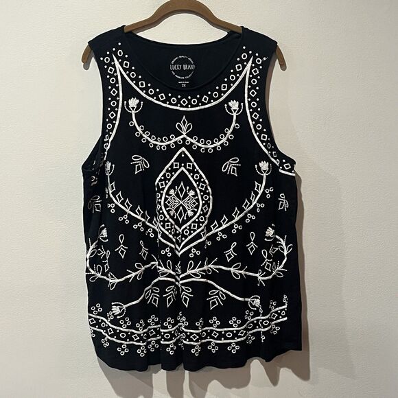 Lucky Brand Tank Top Womens 2X Black Geometric Embroidered Boho Whimsigoth - Picture 1 of 7